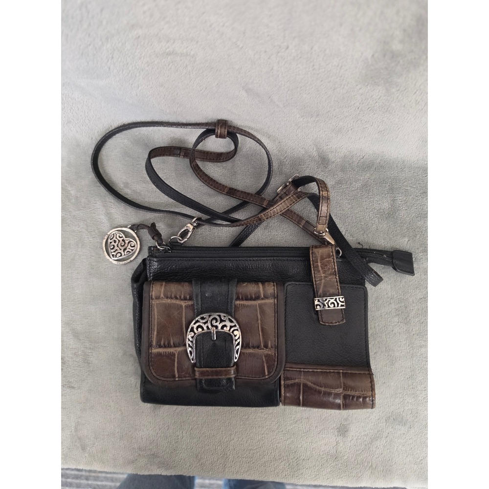 Brighton Black Leather Brown Croc Trim Crossbody Organizer Bag Silver Hardware